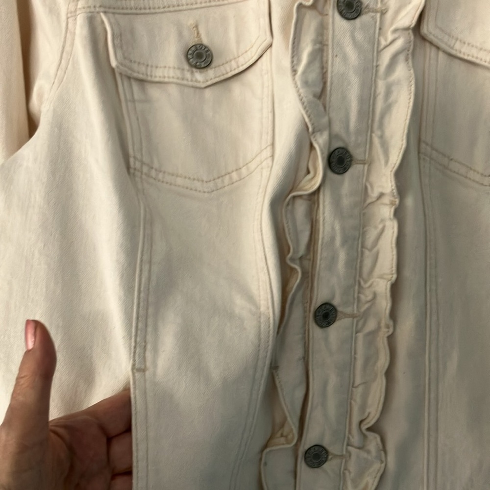 Talbots W 1X Off White Denim Jean Jacket with Ruffle Detail Classic Durable - Picture 5 of 9